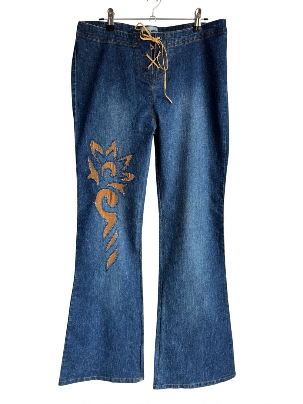 Y2K Tribal Flame Bell Bottom Jeans Low Rise Flare Denim Mall Goth Sz 9 Lace Up